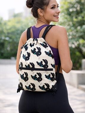 🌸3 for $18🌼 Drawstring Backpack Bunny Print Gym Bag Lightweight Travel Unisex